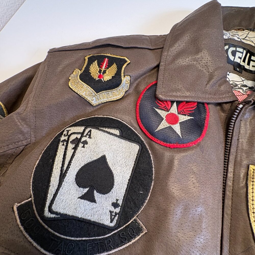 Vintage 80s Excelled Leather Bomber Jacket Patched Top Gun Flight A-2 Map Lining - Picture 8 of 12